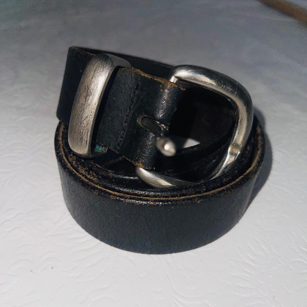 VTG Distressed Black Leather Work Belt with Heavy Silver-Tone Harness Buckle 36